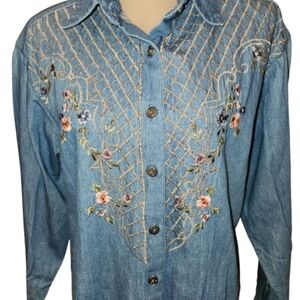 Willow Ridge Vintage Denim Floral Embroidered Shirt Size L Boho Cottagecore